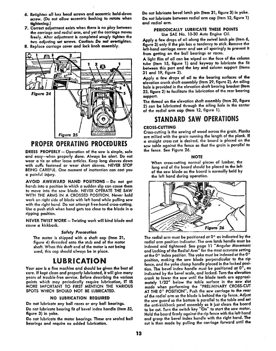 Proper operating procedures, Lubrication, Standard saw operations | Note | Sears 113.29003 User Manual | Page 13 / 16