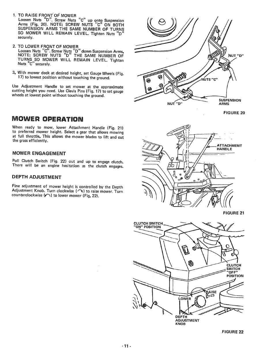 Mower engagement, Depth adjustment, Mower operation | Sears 917.25591 User Manual | Page 11 / 48