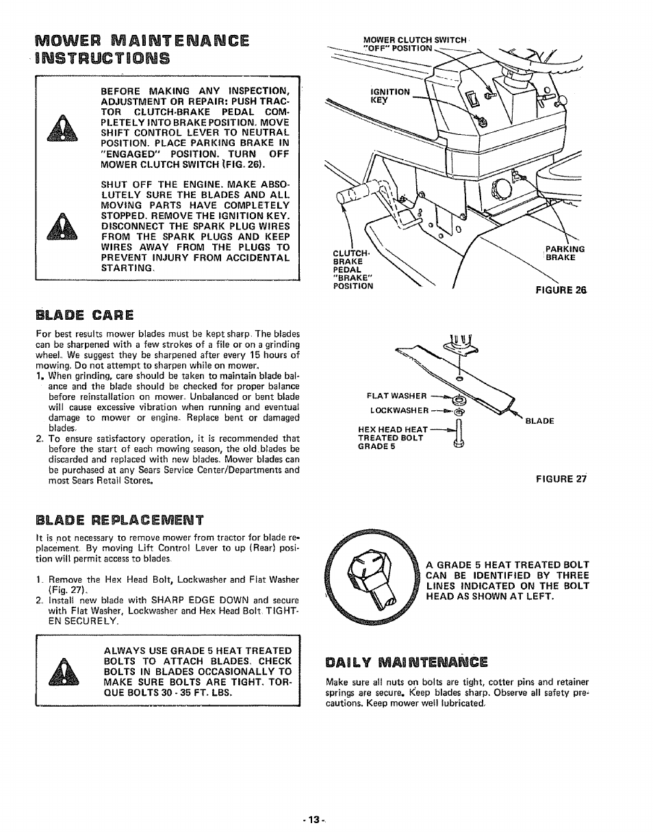 Blade сдве, Blade beplacemint, Daily maliytenamce | Mower maintenance instructions | Sears 917.25591 User Manual | Page 13 / 48