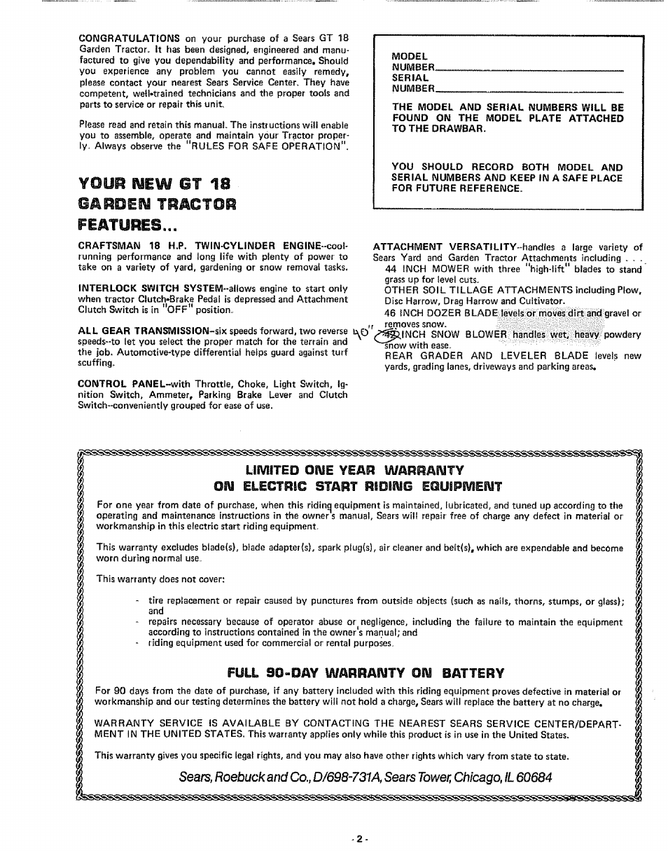 Your new gt 18 garden tractor features, Fyil 90-0ay yuarraiyty on battery | Sears 917.25591 User Manual | Page 2 / 48