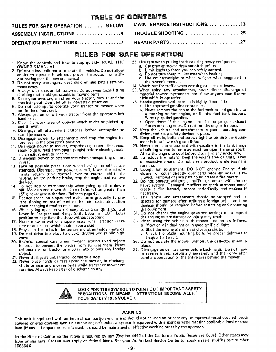 Operation instructions j repair parts .27, Rules for safe opebatiom | Sears 917.25591 User Manual | Page 3 / 48