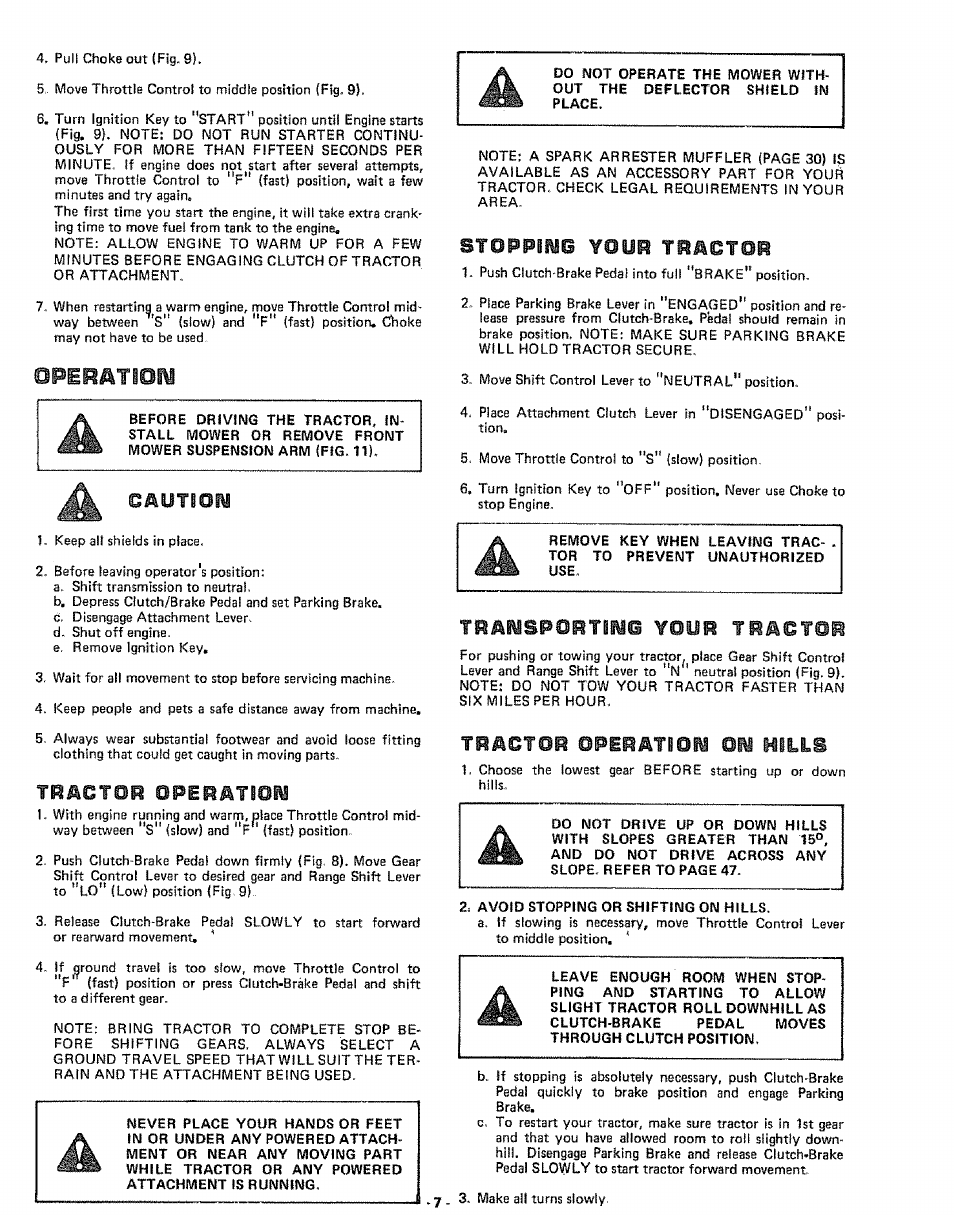 Tractor operatiow, St0ppiw6 ¥ouh tbmctoh, Tpawsportimb ¥our tracfol | Tractor opihatlow om hills, Opehatioiy | Sears 917.25591 User Manual | Page 7 / 48