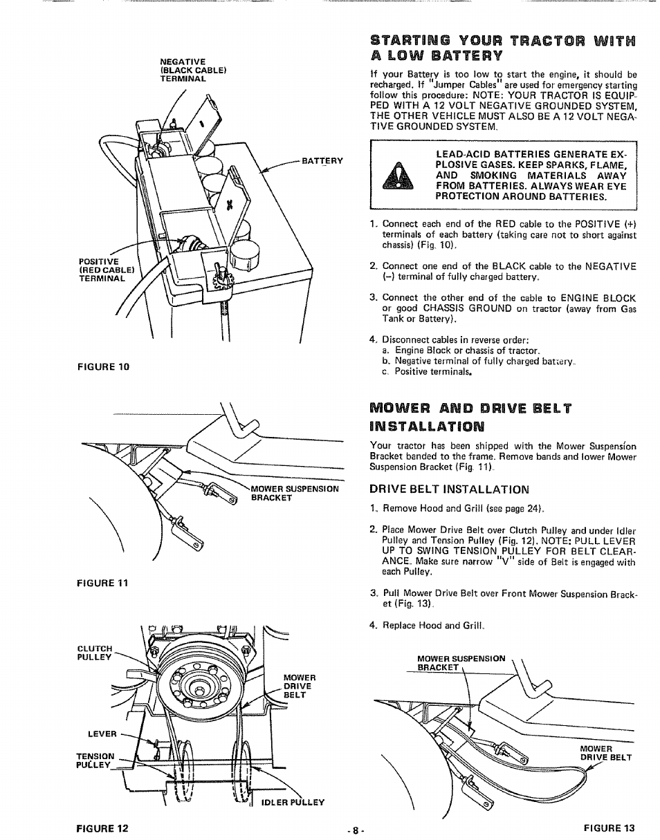 Smbtin© ¥our tractor with a low battery, Mowir and drive belt iiystallatlow | Sears 917.25591 User Manual | Page 8 / 48