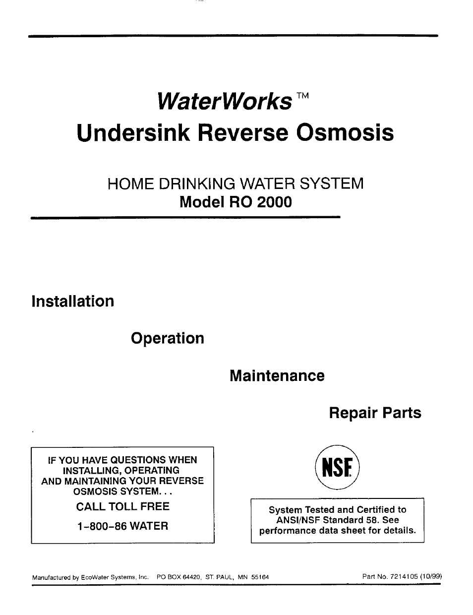 Sears WaterWorks RO 2000 User Manual | 20 pages