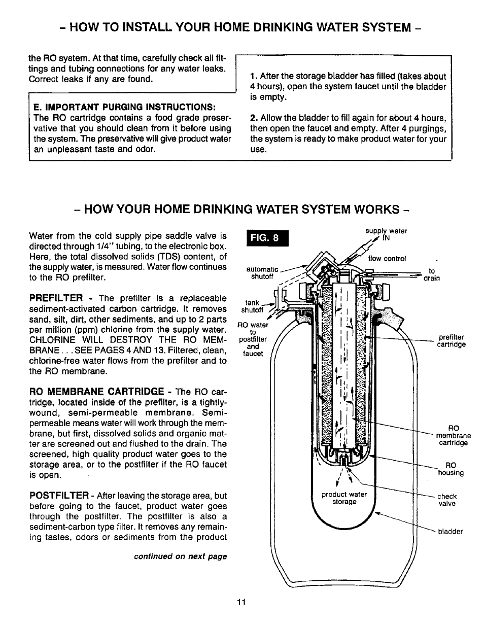How to install your home drinking water system, How your home drinking water system works, Prefilter | Ro membrane cartridge, Postfilter, Fig. 8 | Sears WaterWorks RO 2000 User Manual | Page 11 / 20