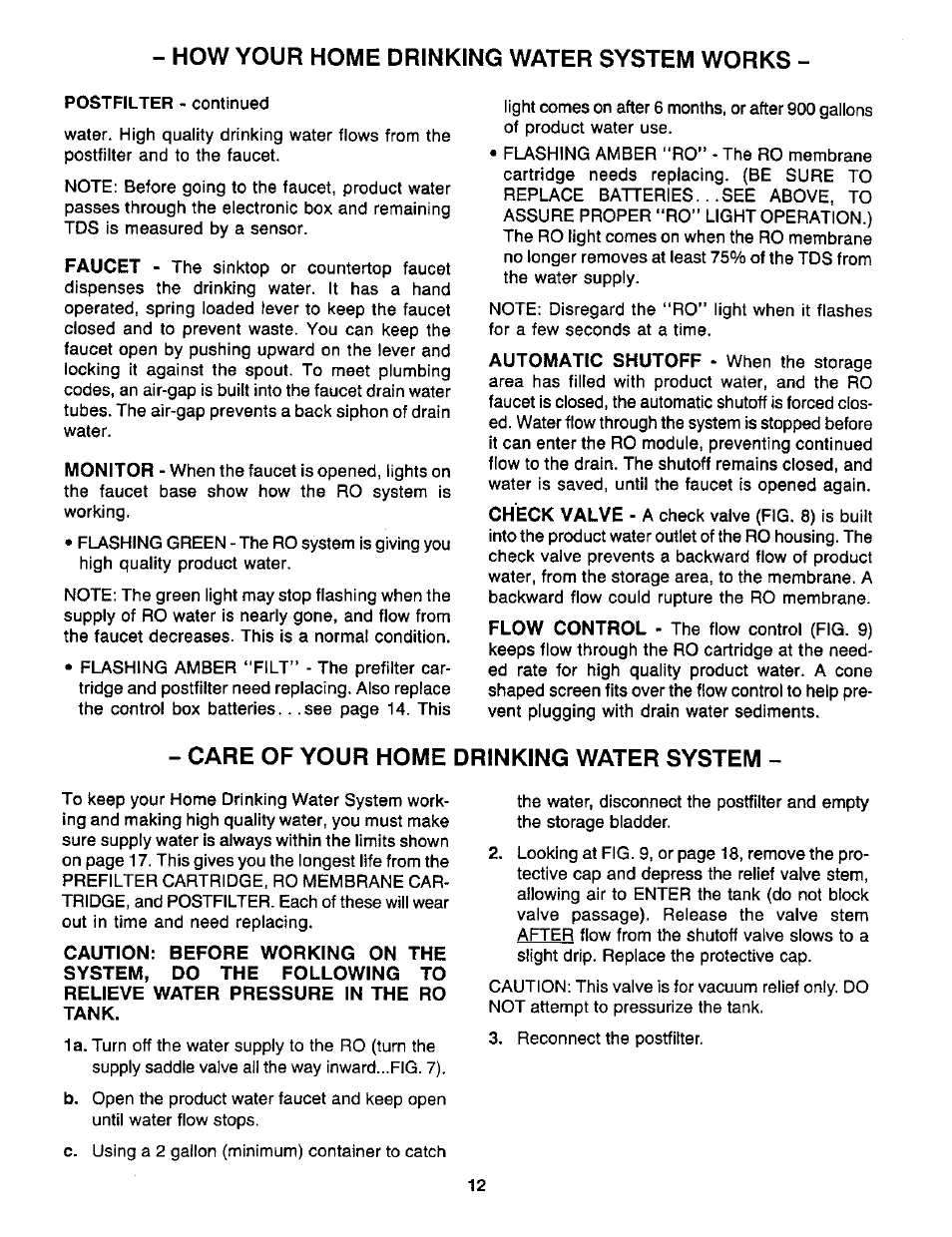 How your home drinking water system works, Care of your home drinking water system | Sears WaterWorks RO 2000 User Manual | Page 12 / 20