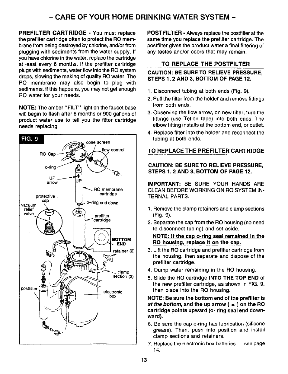 Care of your home drinking water system | Sears WaterWorks RO 2000 User Manual | Page 13 / 20