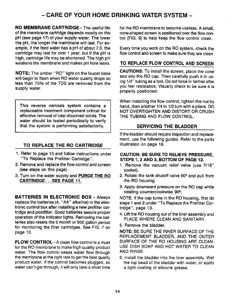 To replace the ro cartridge, To replace flow control and screen, Servicing the bladder | Care of your home drinking water system | Sears WaterWorks RO 2000 User Manual | Page 14 / 20