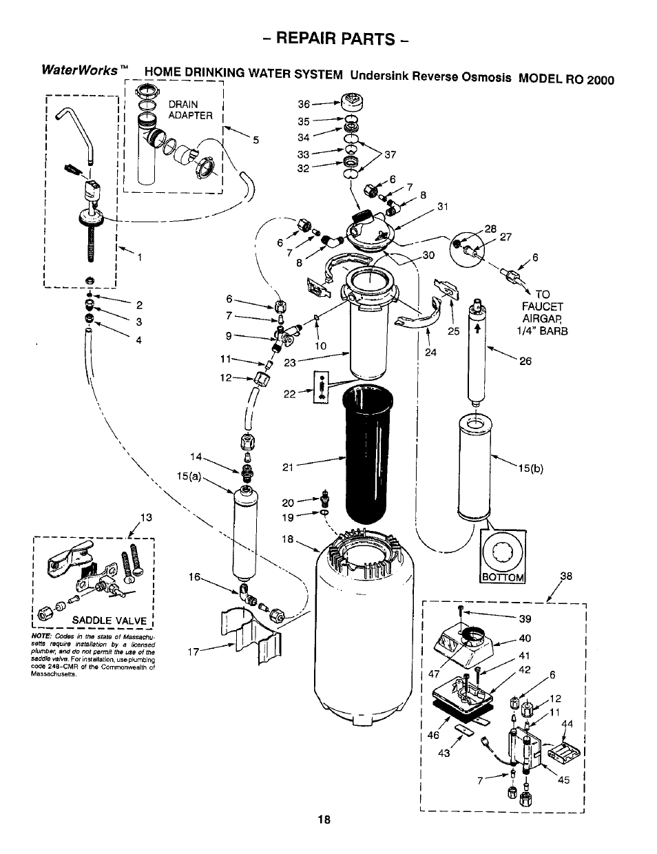 Repair parts, H(^r^^rinking water system, Reverse | Sears WaterWorks RO 2000 User Manual | Page 18 / 20