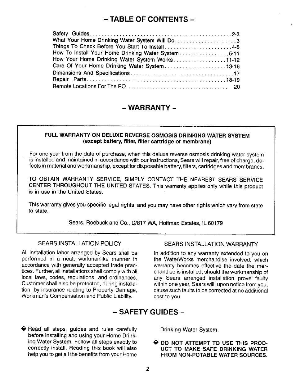 Sears WaterWorks RO 2000 User Manual | Page 2 / 20