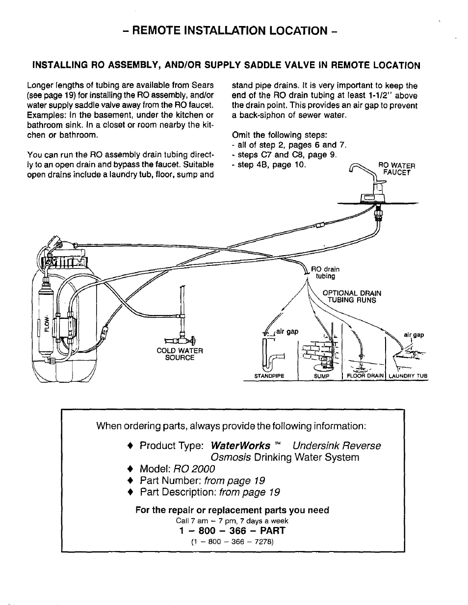1 - 800 - 366 - part, Remote installation location | Sears WaterWorks RO 2000 User Manual | Page 20 / 20