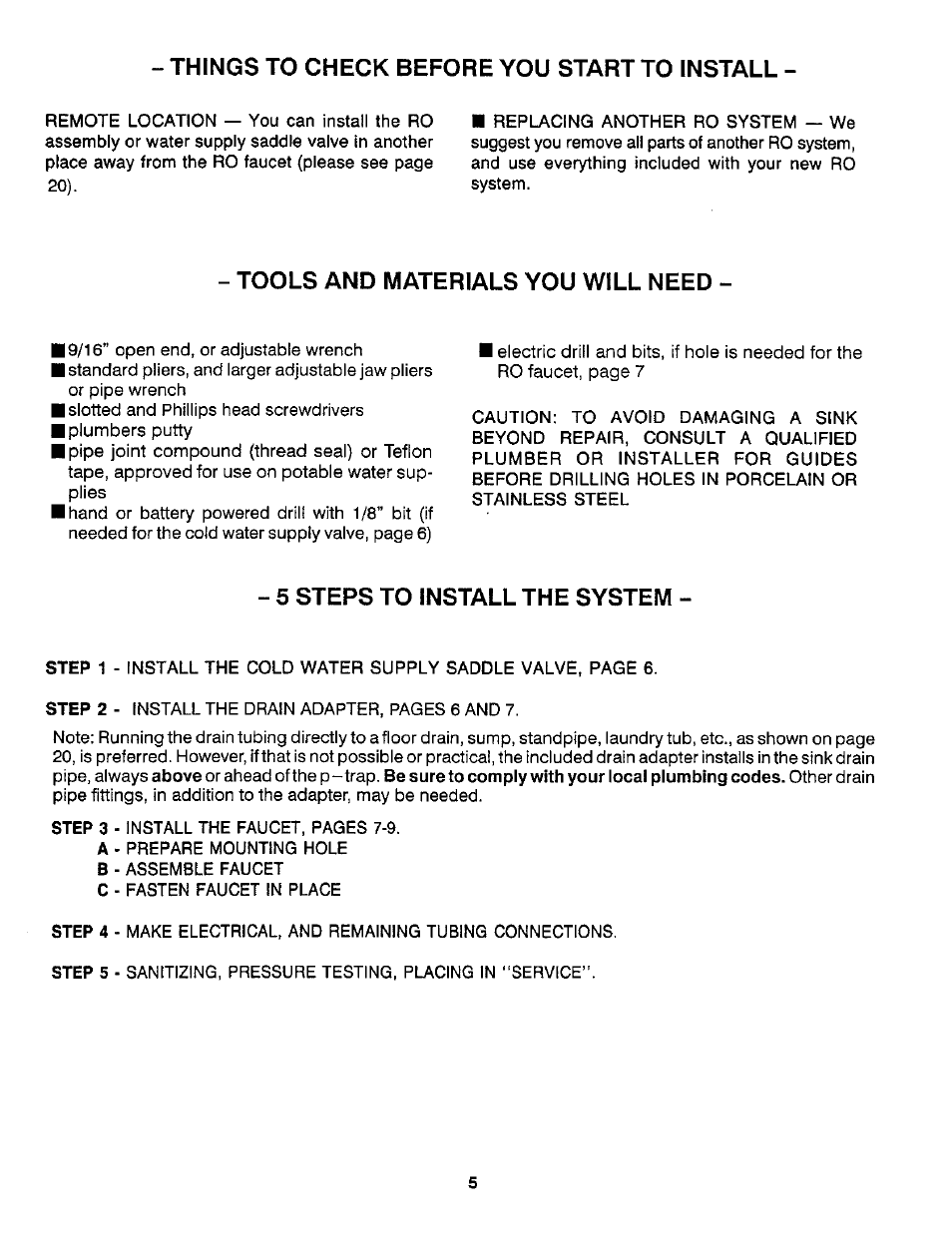 Things to check before you start to install, Tools and materials you will need, 5 steps to install the system | Sears WaterWorks RO 2000 User Manual | Page 5 / 20