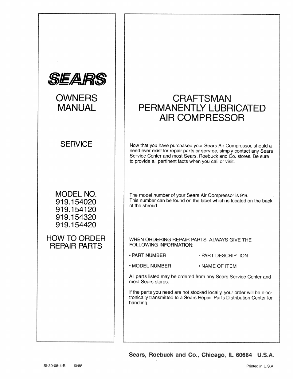 Sears, roebuck and co., chicago, il 60684 u.s.a, Owners manual, Craftsman permanently lubricated air compressor | Sears Craftsman 919.154320 User Manual | Page 16 / 16