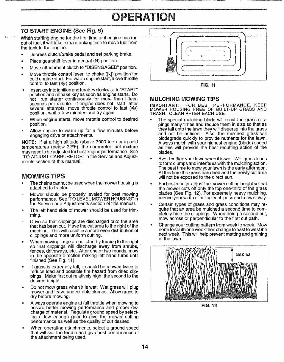To start engine (see fig. 9), Mowing tips, Operation | Mulching mowing tips | Sears 917.257552 User Manual | Page 14 / 56