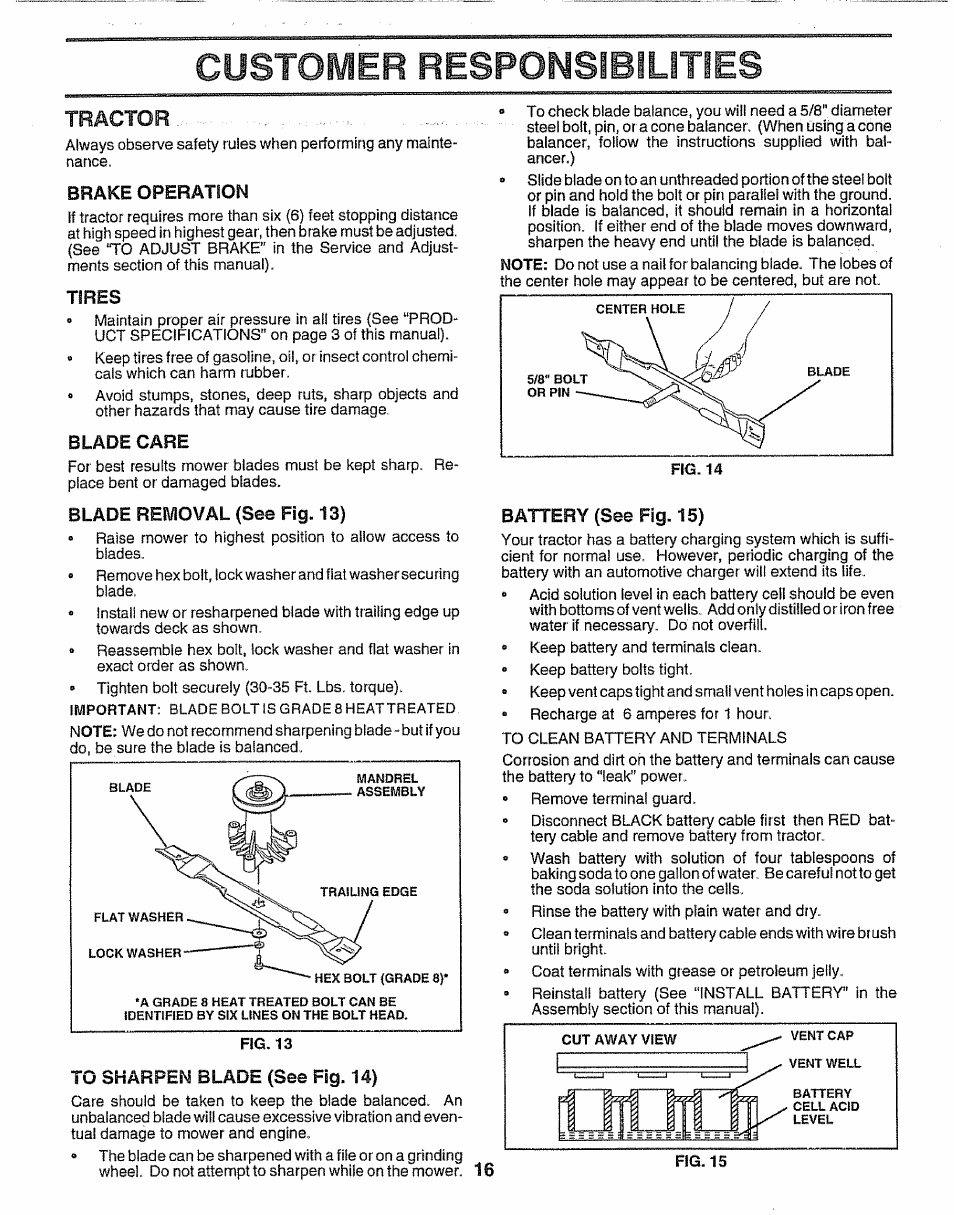Tractor, Brake operation, Tires | Blade care, Blade removal (see fig. 13), To sharpen blade (see fig. 14), Battery (see fig. 15), Customer respomsibilities | Sears 917.257552 User Manual | Page 16 / 56