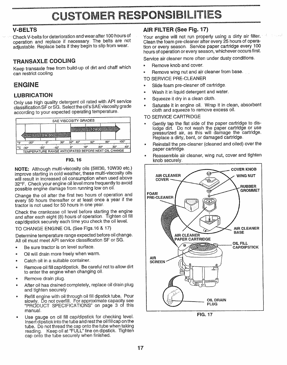 Transaxle cooling, Engine, Lubrication | Air filter {see fig. 17), Customer respomsibilities, V-belts | Sears 917.257552 User Manual | Page 17 / 56