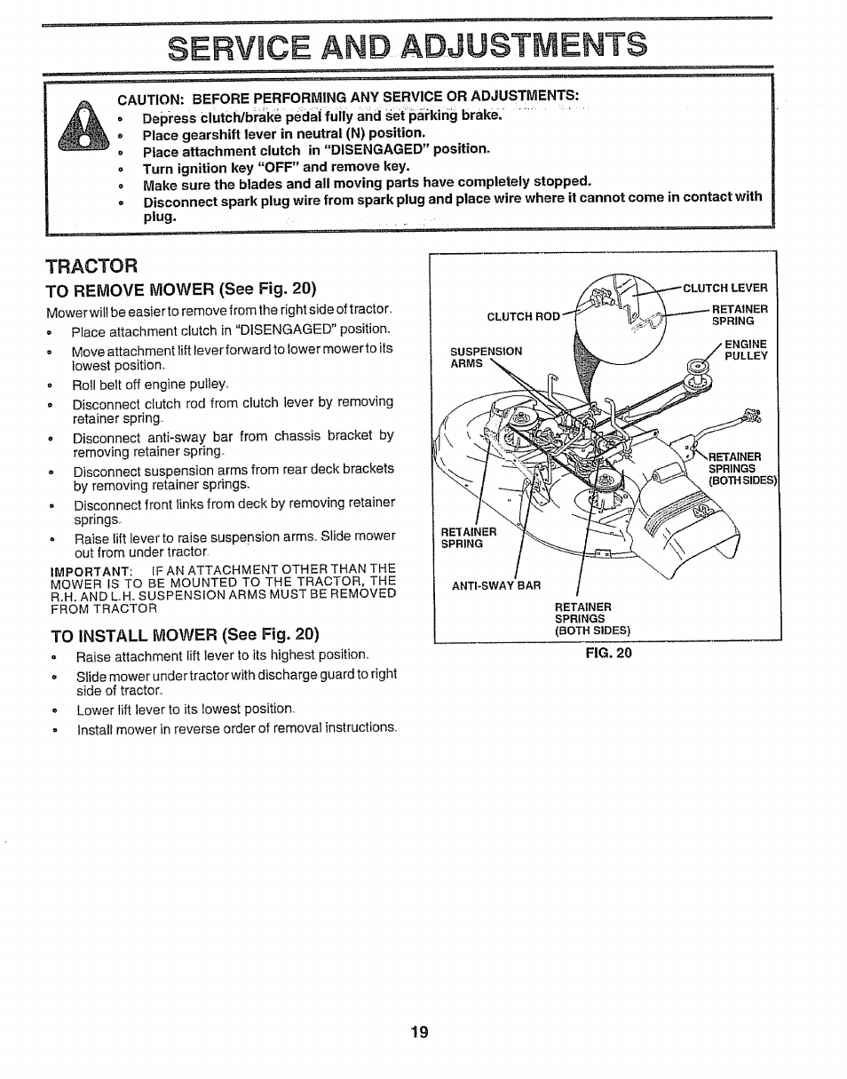 Tractor, To remove mower (see fig. 20), To install mower (see fig. 20) | Service and adjustments | Sears 917.257552 User Manual | Page 19 / 56