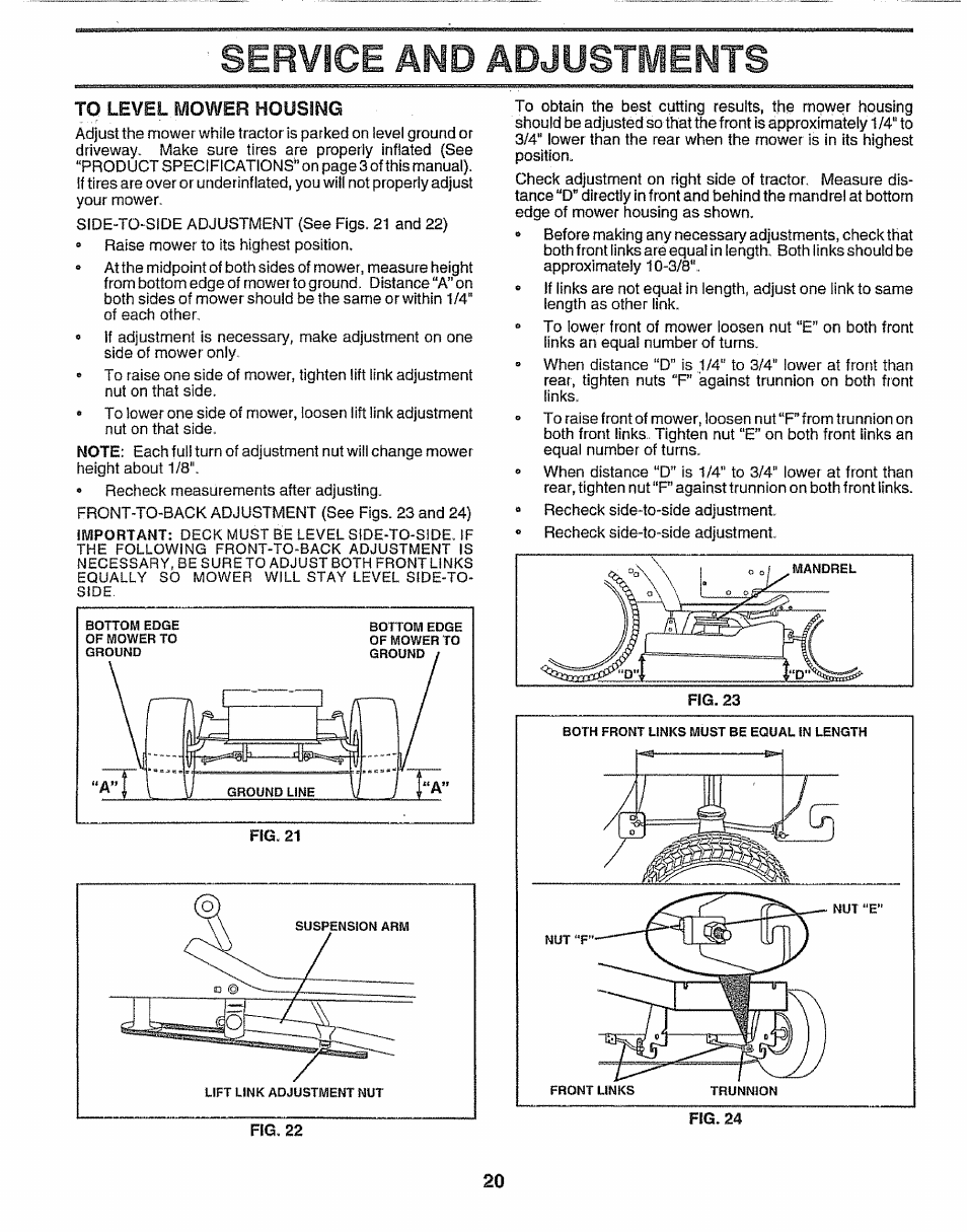 To level mower housing, Adjustments, Service and | Sears 917.257552 User Manual | Page 20 / 56