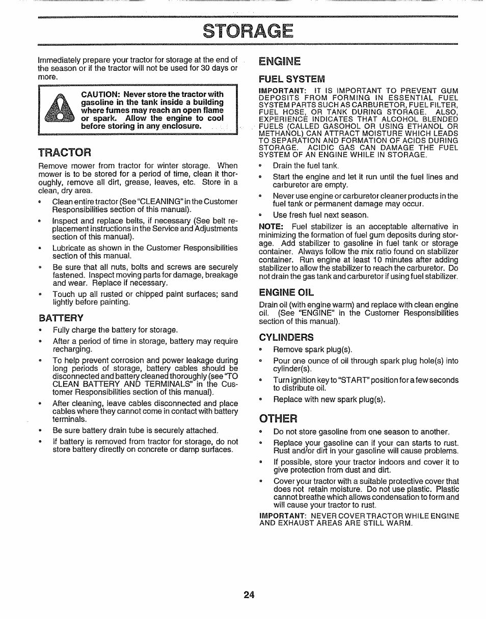 Storage, Battery, Fuel system | Engine oil, Cylinders, Other, Tractor, Engine | Sears 917.257552 User Manual | Page 24 / 56