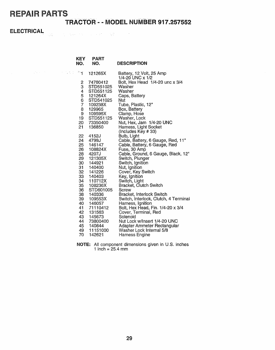 Tractor - - model number 917.257552, Electrical, Repair parts | Sears 917.257552 User Manual | Page 29 / 56