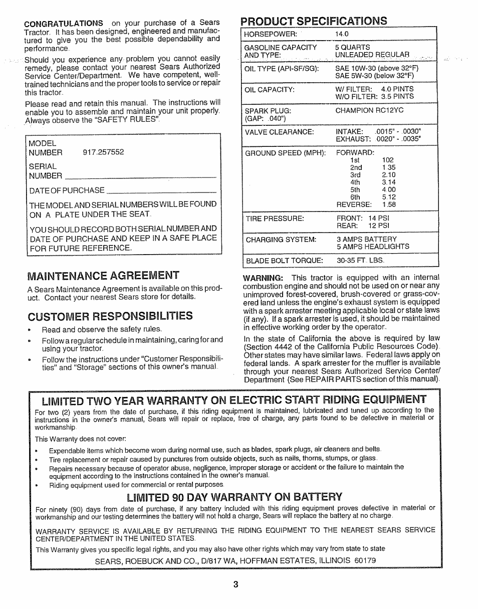 Product specifications, Maintenance agreement, Customer responsibilities | Limited 90 day warranty on battery | Sears 917.257552 User Manual | Page 3 / 56
