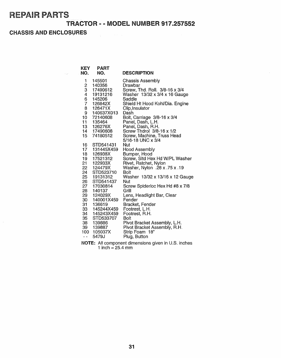 Tractor, Chassis and enclosures, Parts | Repair | Sears 917.257552 User Manual | Page 31 / 56