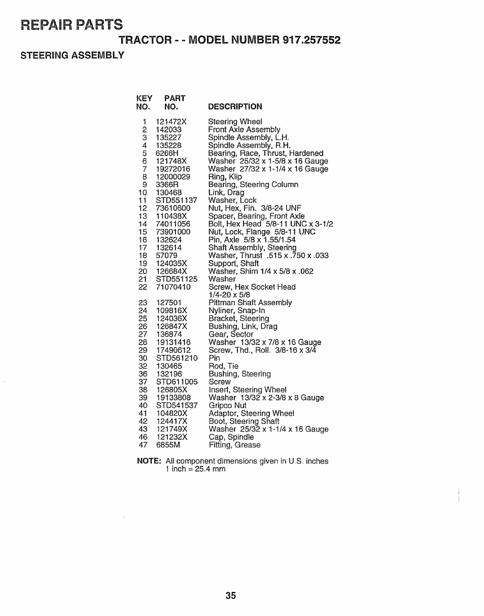 Tractor, Steering assembly, Repair parts | Sears 917.257552 User Manual | Page 35 / 56