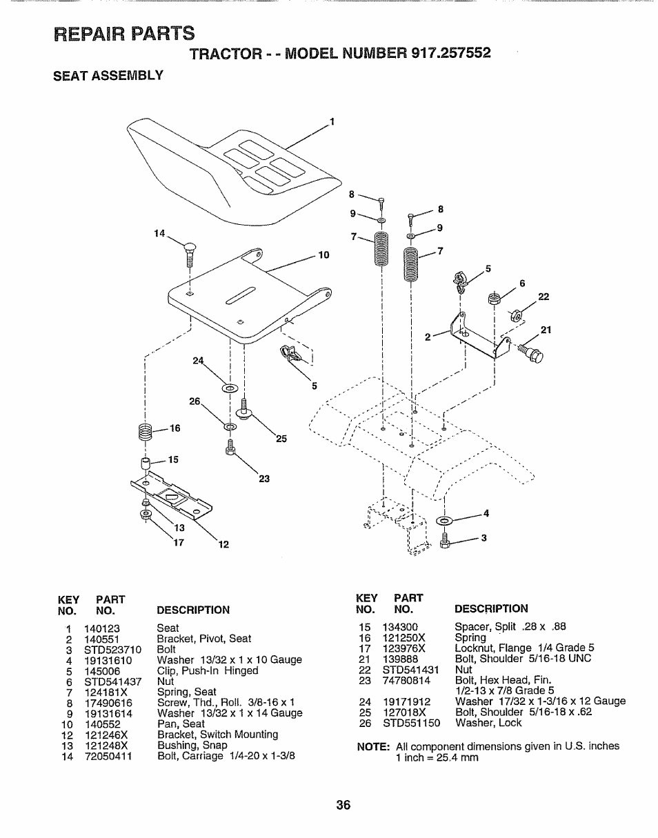 Seat assembly, Repair parts | Sears 917.257552 User Manual | Page 36 / 56