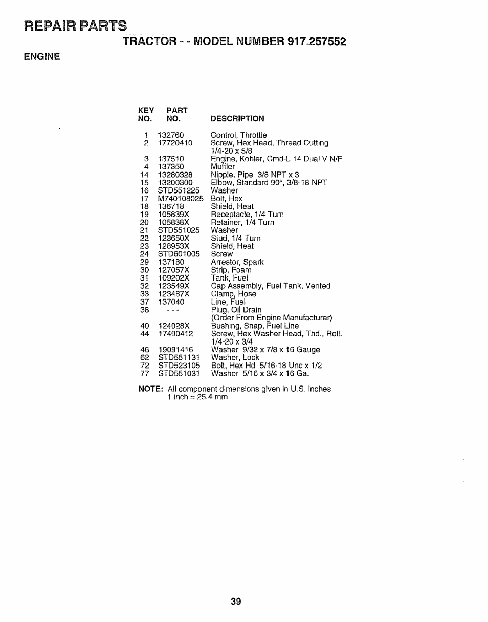 Engine, Repair parts | Sears 917.257552 User Manual | Page 39 / 56