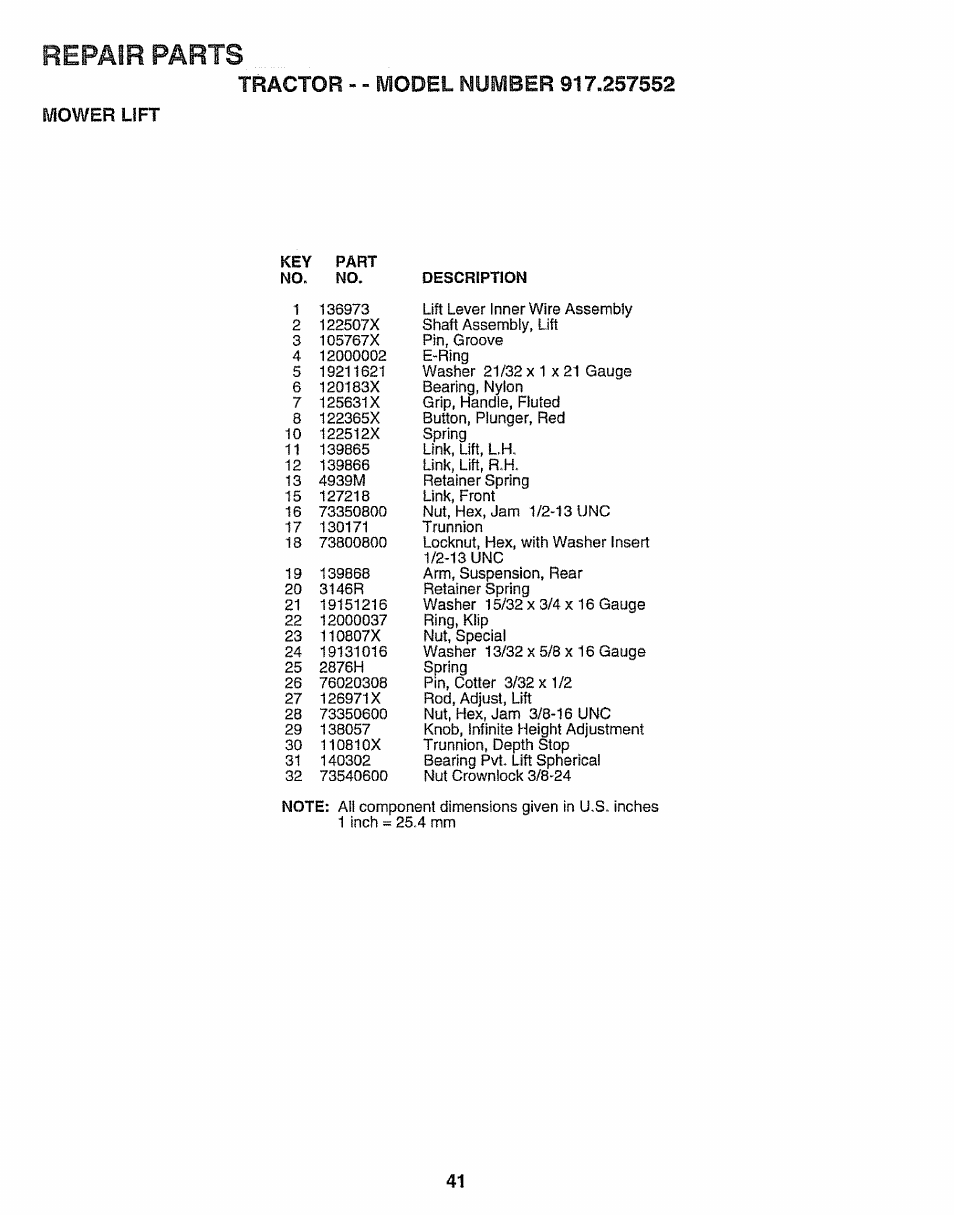 Mower uft, Repair parts | Sears 917.257552 User Manual | Page 41 / 56