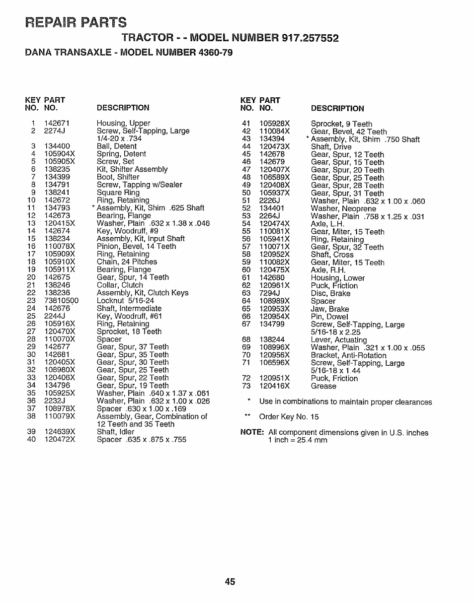 Repair parts | Sears 917.257552 User Manual | Page 45 / 56