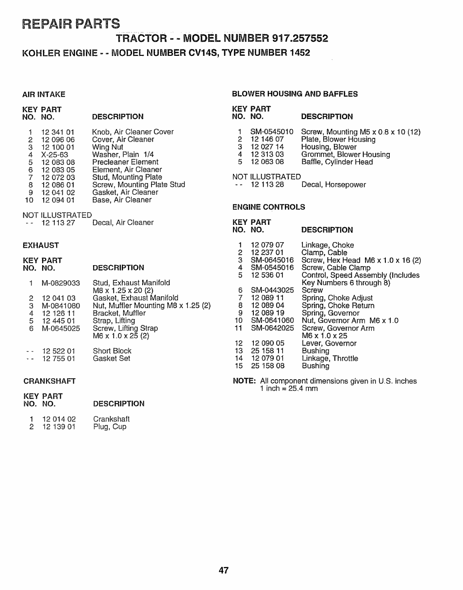Repair parts | Sears 917.257552 User Manual | Page 47 / 56