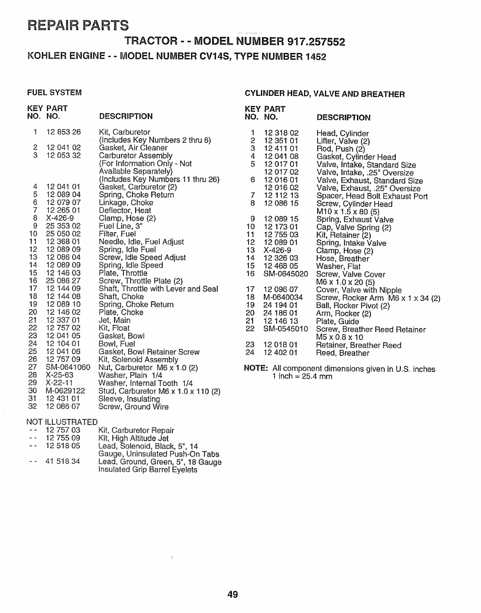 Repair parts | Sears 917.257552 User Manual | Page 49 / 56