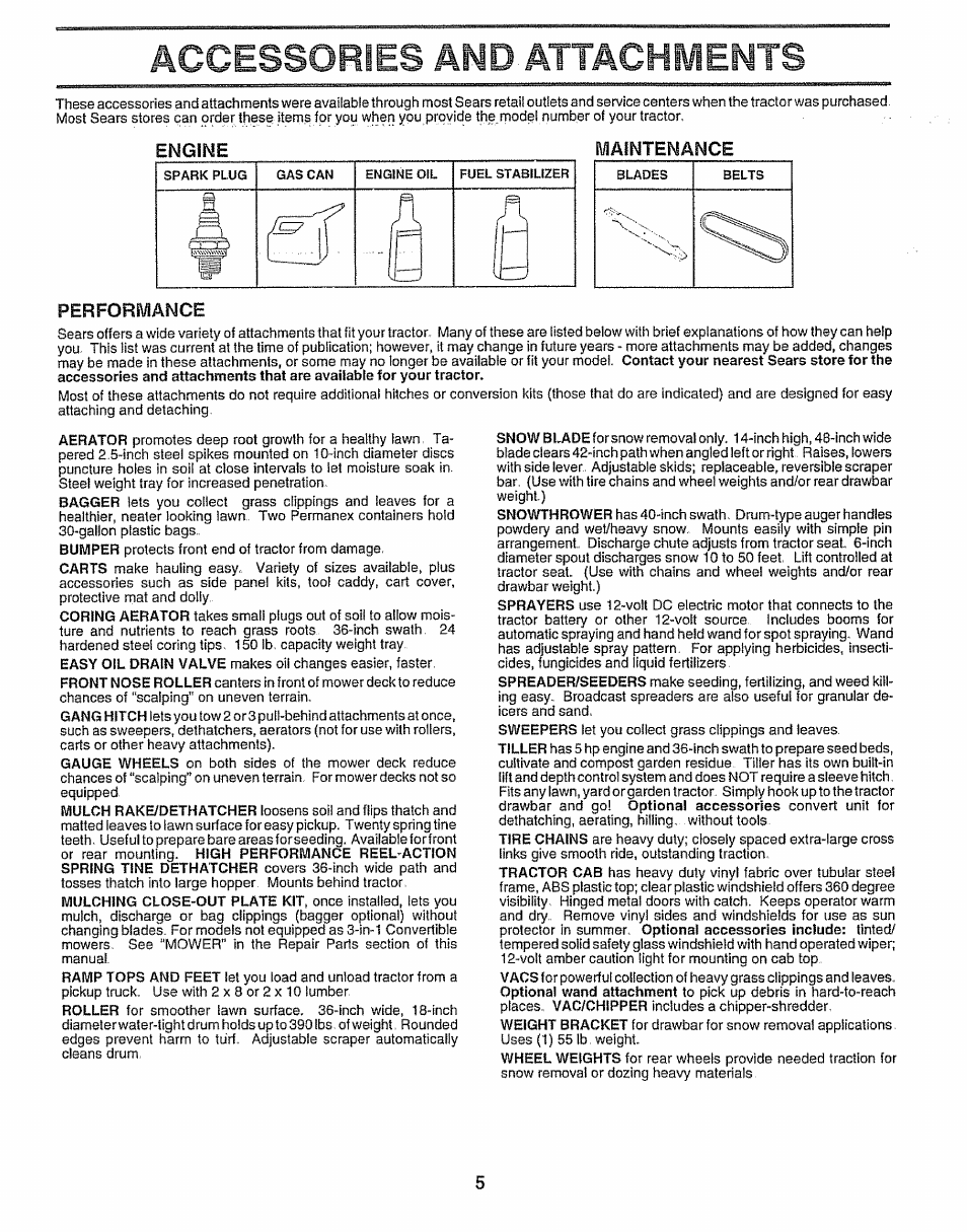 Maintenance, Performance, Accessories | Attachments, Maintenance performance | Sears 917.257552 User Manual | Page 5 / 56