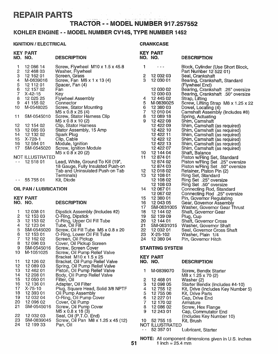 Repair parts | Sears 917.257552 User Manual | Page 51 / 56