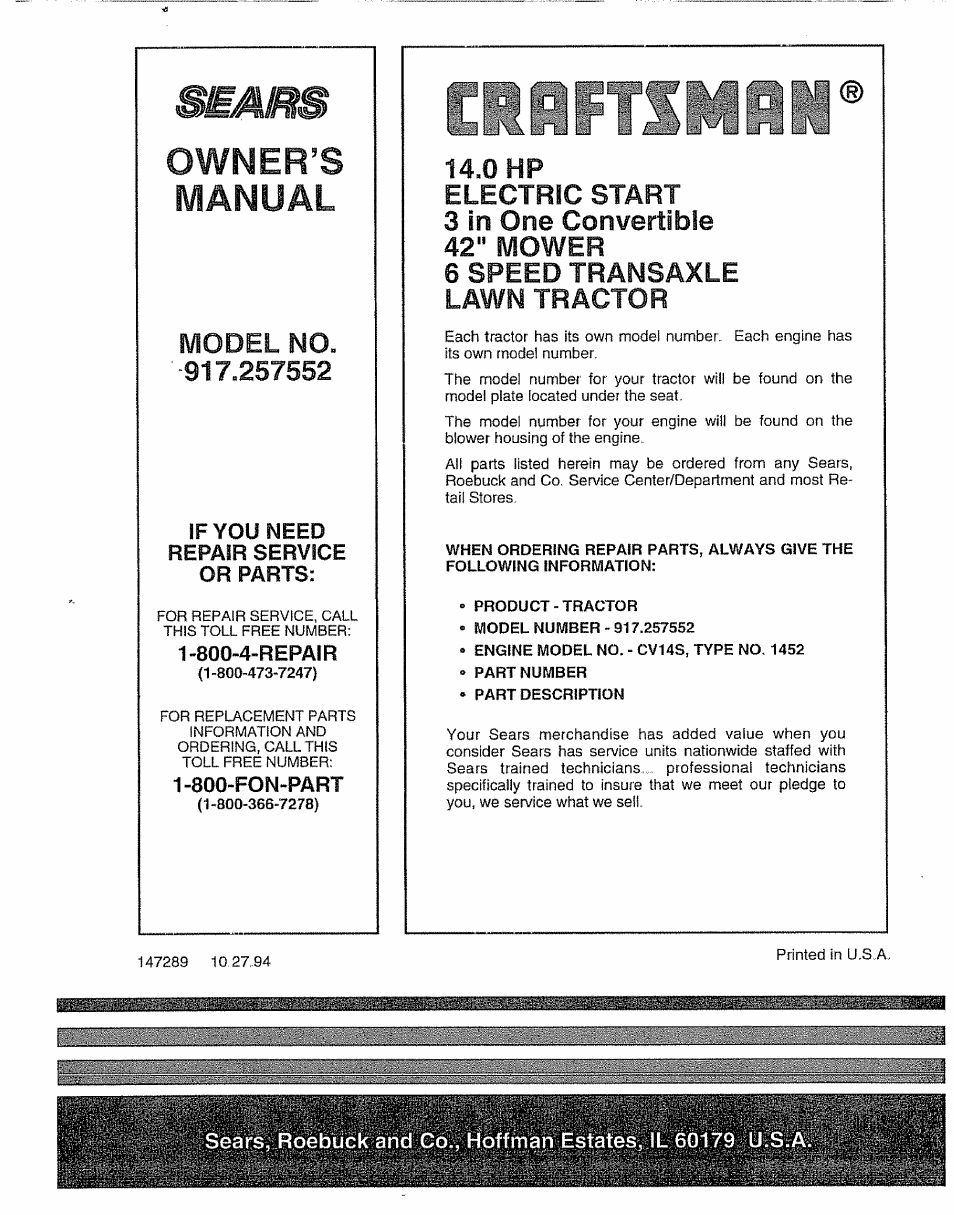 Nj lr, Owner’s manual | Sears 917.257552 User Manual | Page 56 / 56