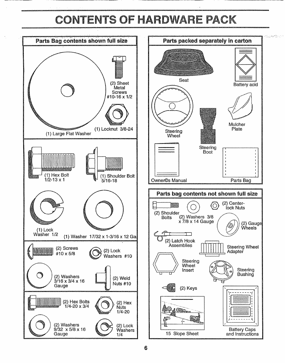 Parts bag contents shown full size, Parts packed separately in, Parts bag contents not shown fuil size | Contents of hardware pack | Sears 917.257552 User Manual | Page 6 / 56