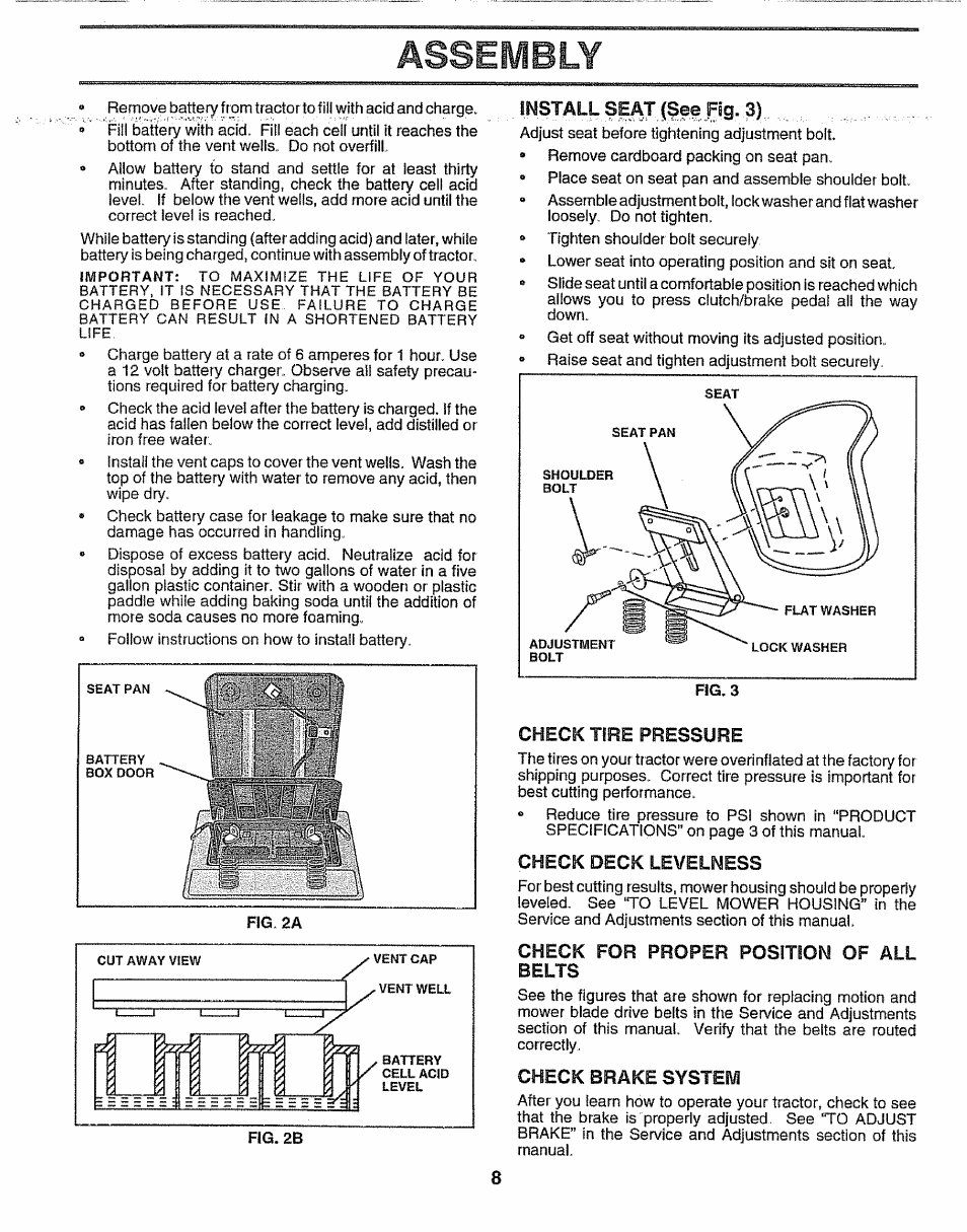 Check tire pressure, Check deck levelhess, Check for proper positioh of all belts | Check brake system, Assembly, Insmll se^ (seejfig. 3) | Sears 917.257552 User Manual | Page 8 / 56