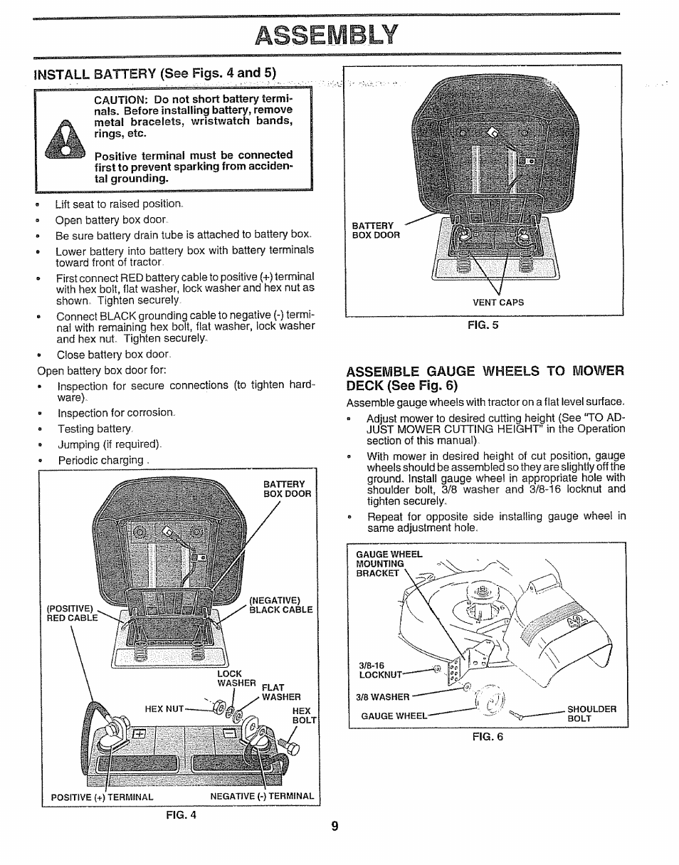 Assembly, Install battery (see figs. 4 and 5), Assemble gauge wheels to mower deck (see fig. 6) | Sears 917.257552 User Manual | Page 9 / 56
