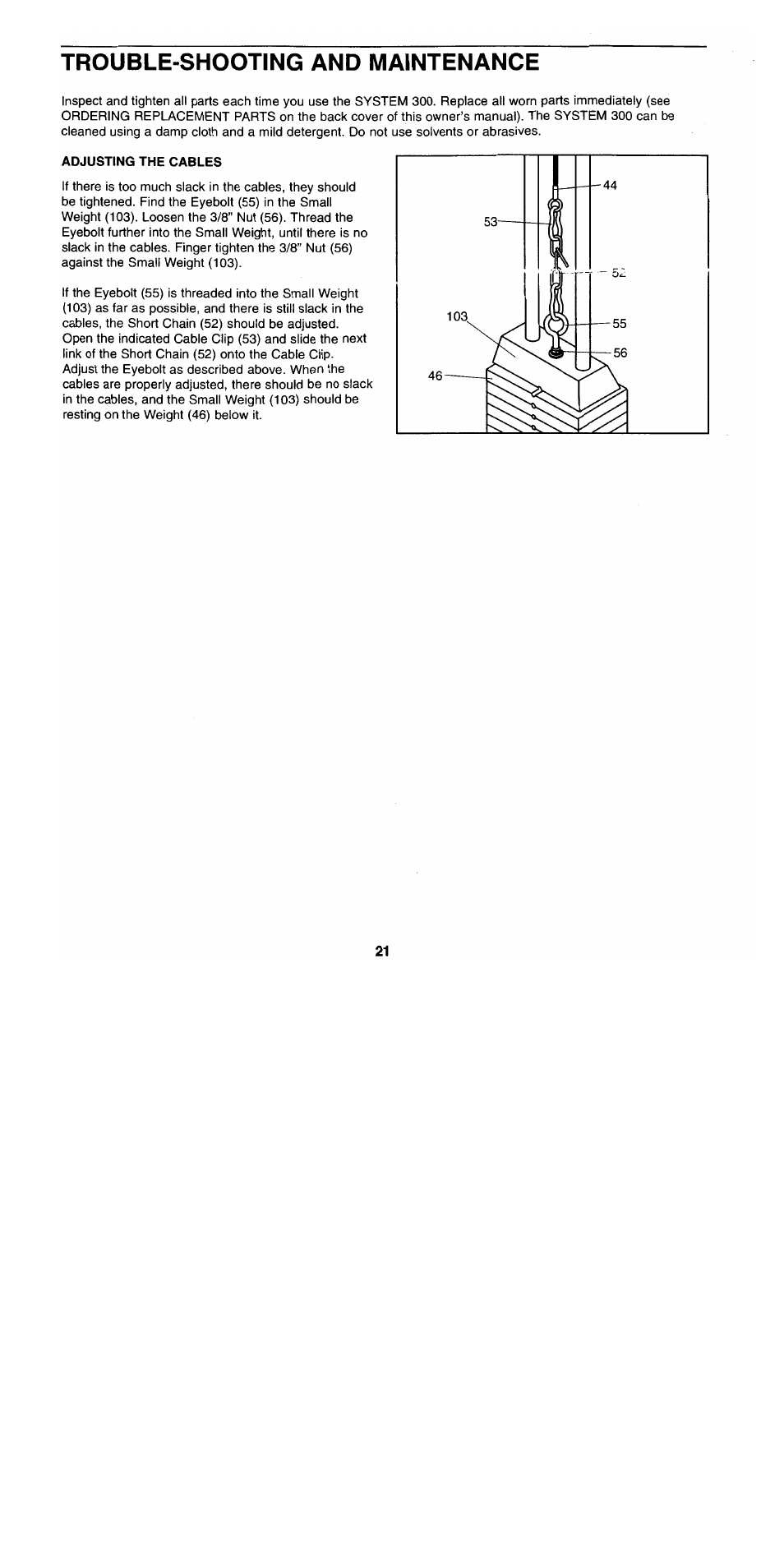 Trouble-shooting and maintenance, Adjusting the cables | Sears 300 User Manual | Page 21 / 31
