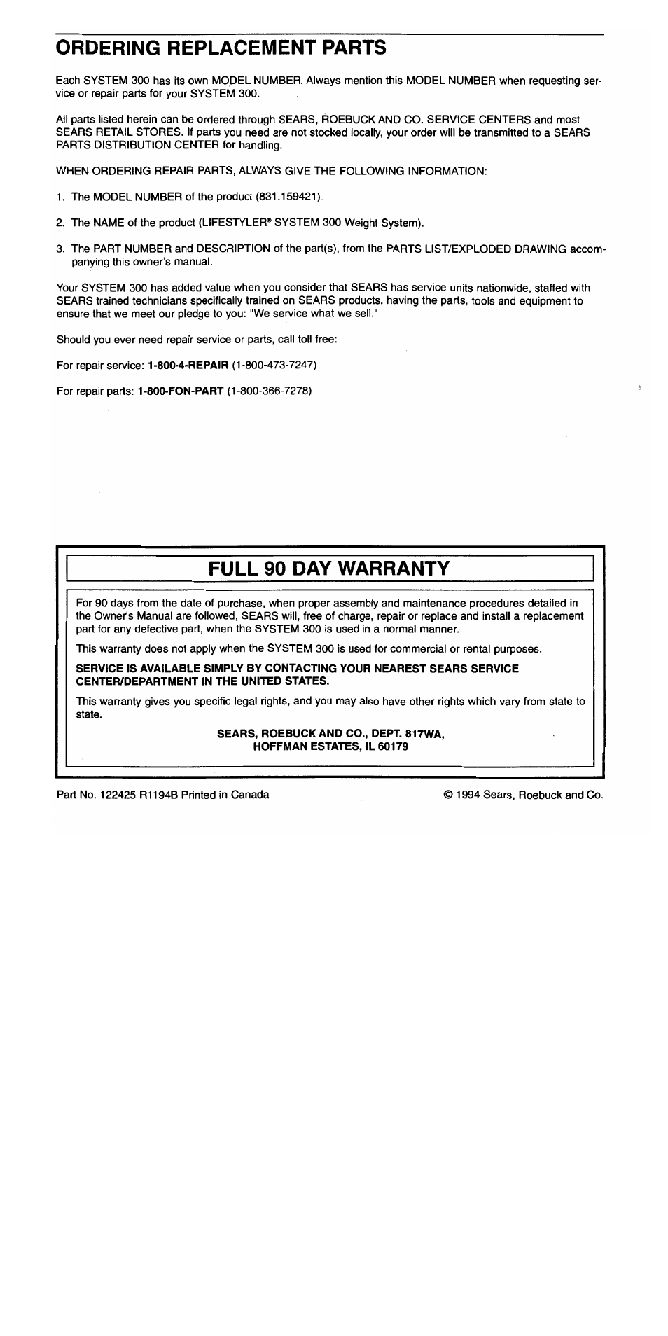 Ordering replacement parts, Full 90 day warranty, Sears, roebuck and co., dept. 817wa | Hoffman estates, il 60179 | Sears 300 User Manual | Page 24 / 31