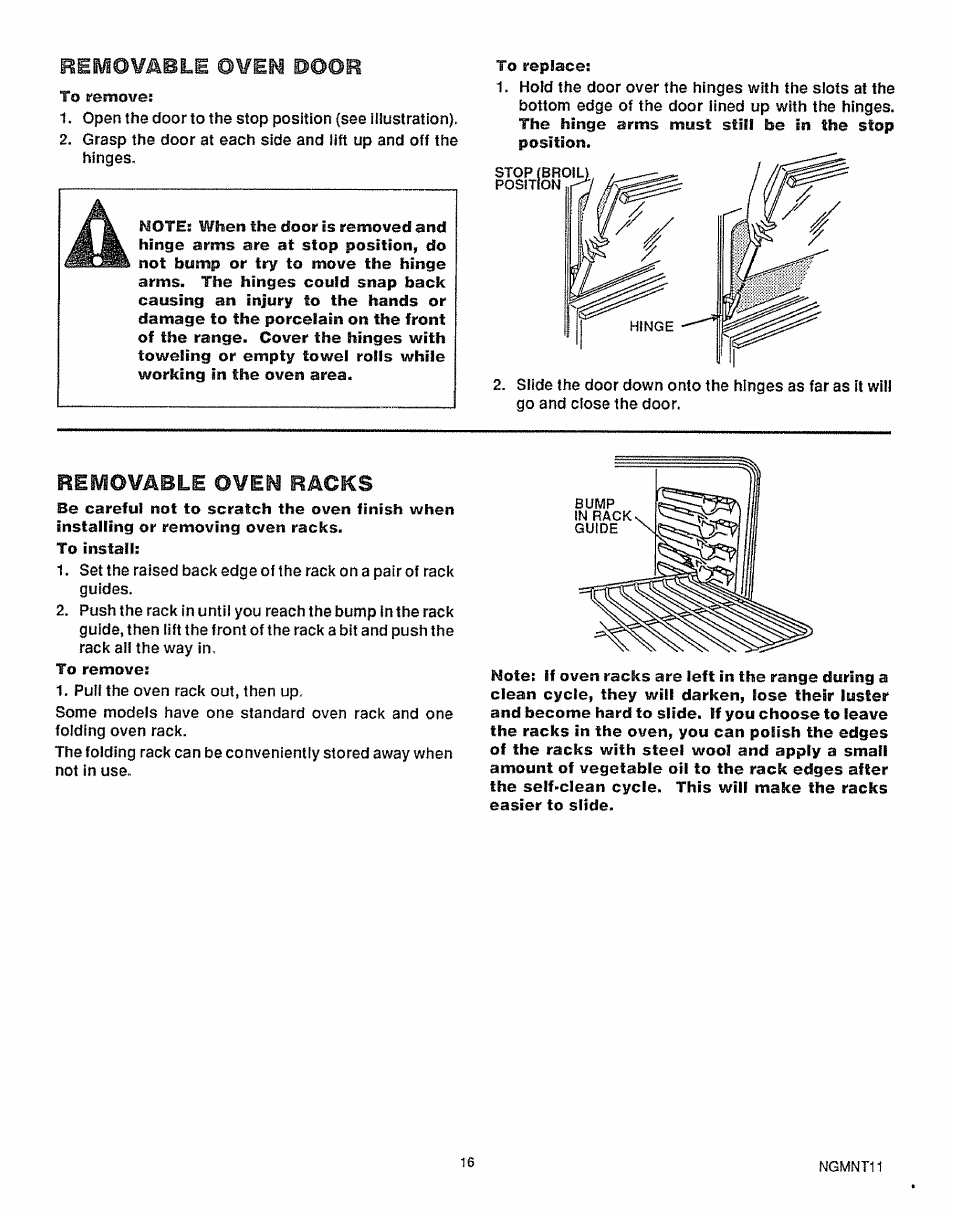 Remo¥able 0¥en poor, Remo¥able 0¥en racks | Sears 36725 User Manual | Page 17 / 24