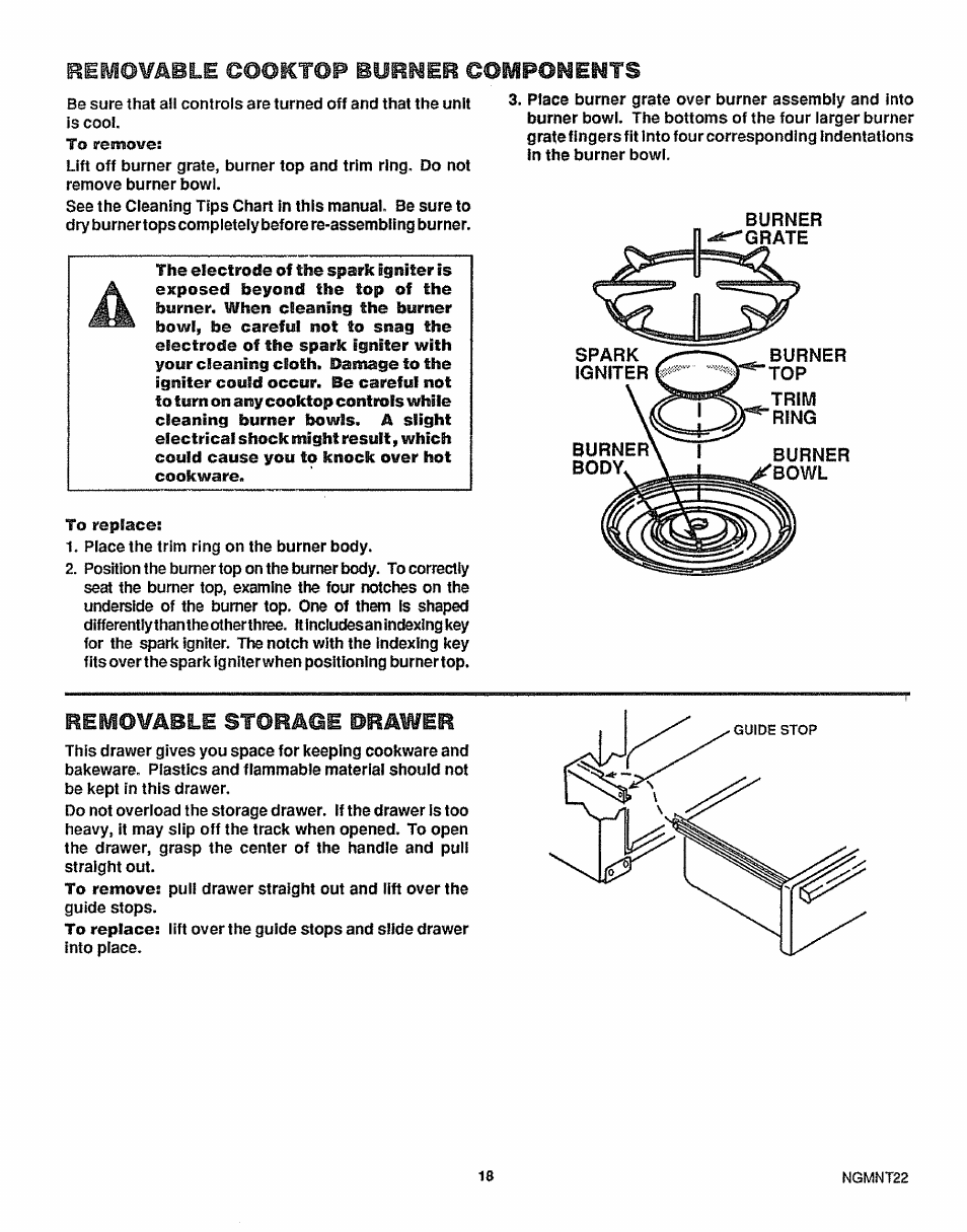 Removable c00ict0p burner components, Removable storage ©rawer | Sears 36725 User Manual | Page 19 / 24