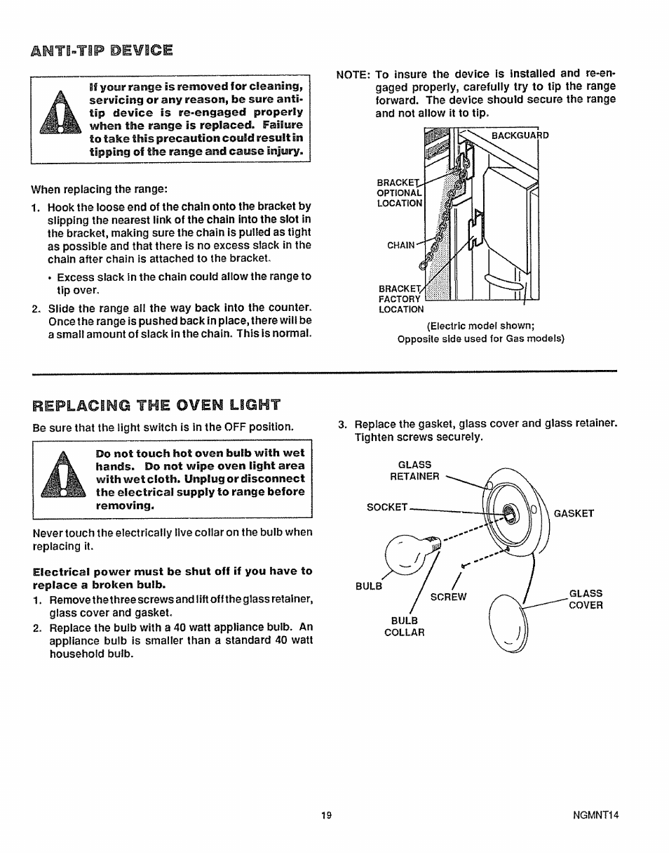 Anti-tip de¥ice, Oven, Replacing the | Light | Sears 36725 User Manual | Page 20 / 24