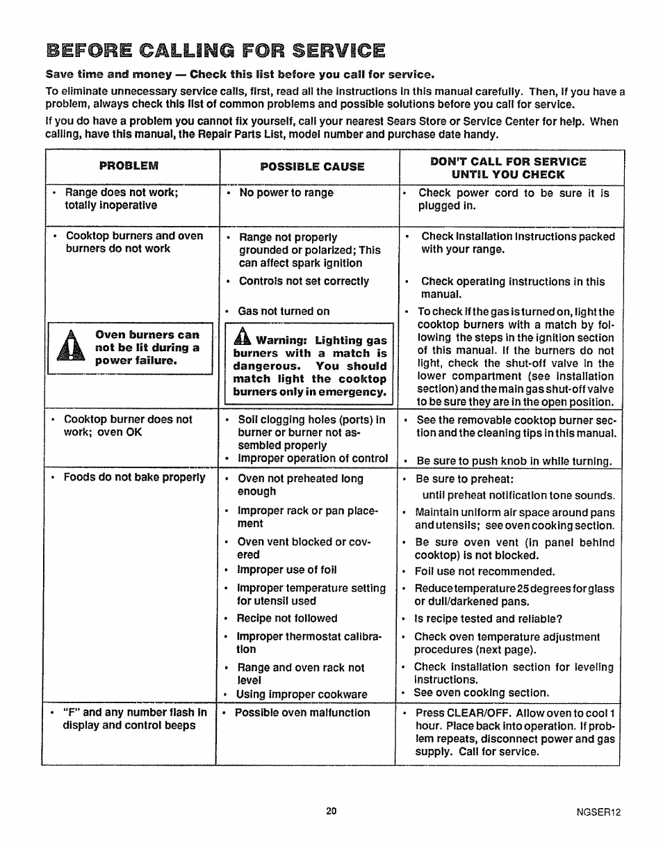 Before callimg for ser¥i€e | Sears 36725 User Manual | Page 21 / 24