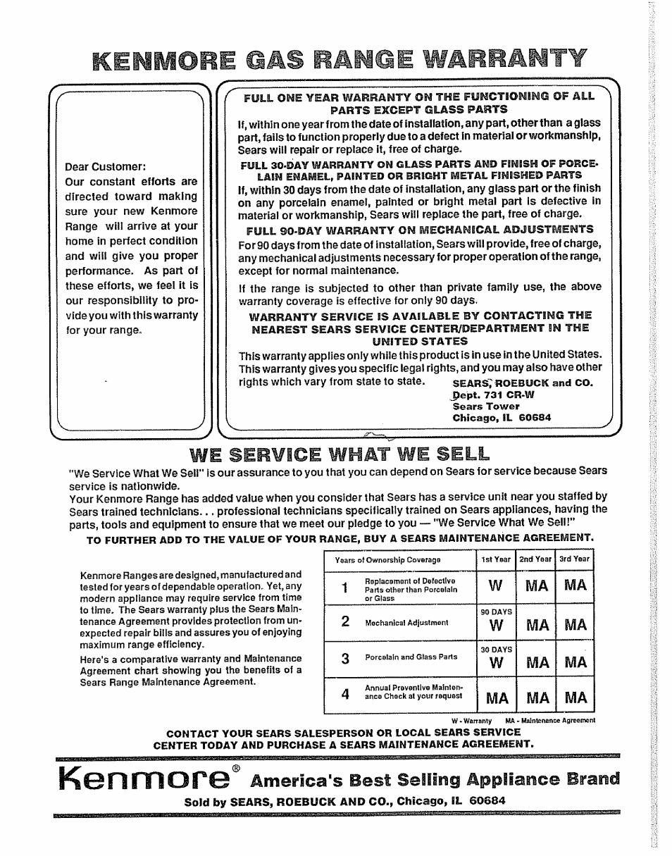 Kenmore gäs warranty, We service what we sell, Kenmore america's best seiliiig appliance brand | Kenmore, America's best seiliiig appliance brand, Wmä ma 2 | Sears 36725 User Manual | Page 24 / 24