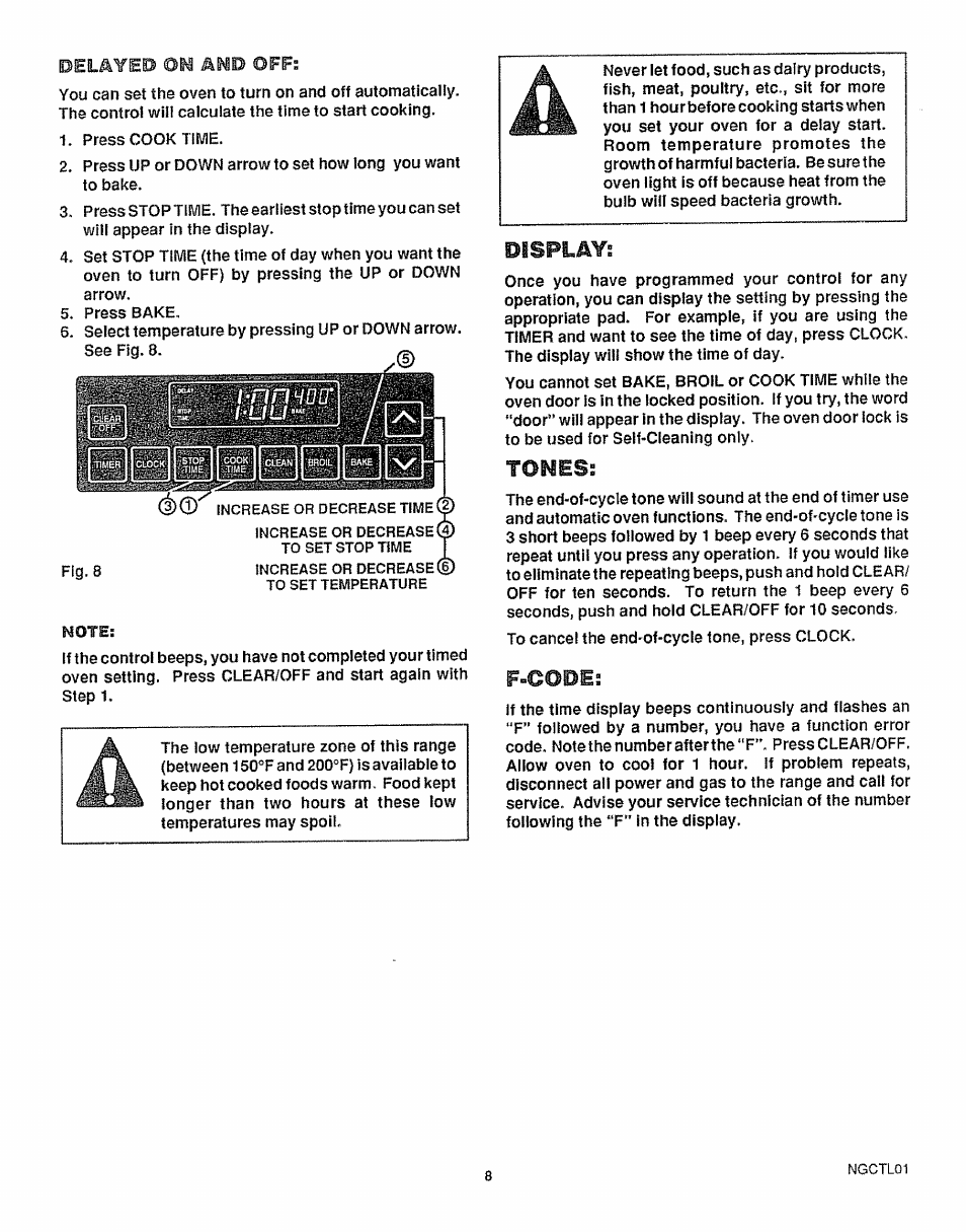 Display, Tones, F-copes | Sears 36725 User Manual | Page 9 / 24