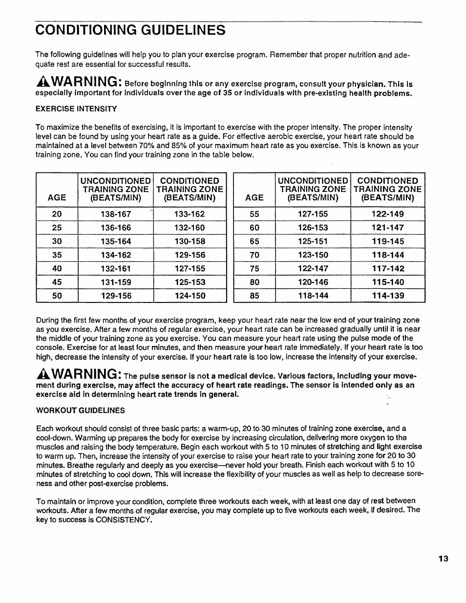 Conditioning guidelines, Awarning | Sears EXPANSE 1000 831.297451 User Manual | Page 13 / 16