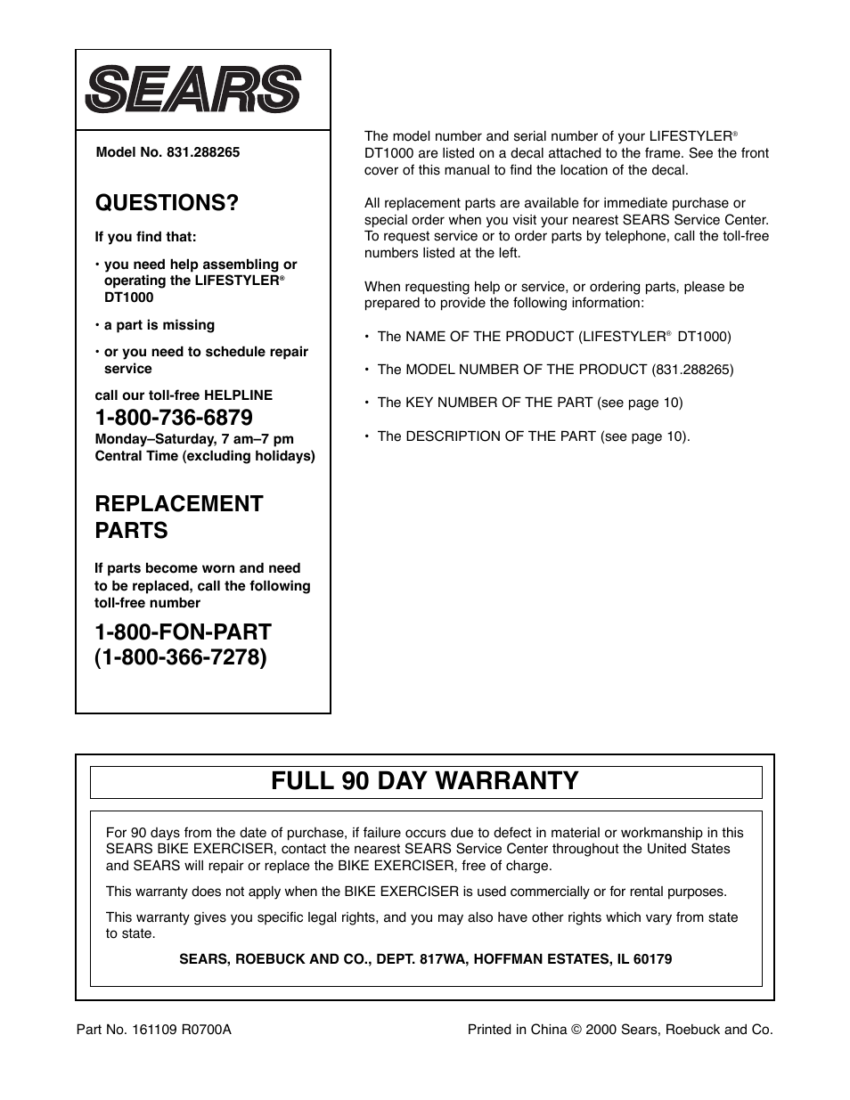 Full 90 day warranty, Questions, Replacement parts | Sears 831.288265 User Manual | Page 12 / 12