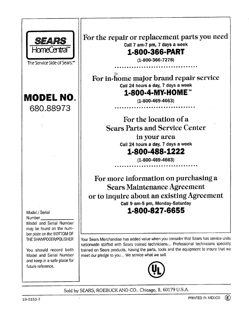 800-366-part, L-soo-a-my-home, Model no | Homecential | Sears 680.88973 User Manual | Page 12 / 12